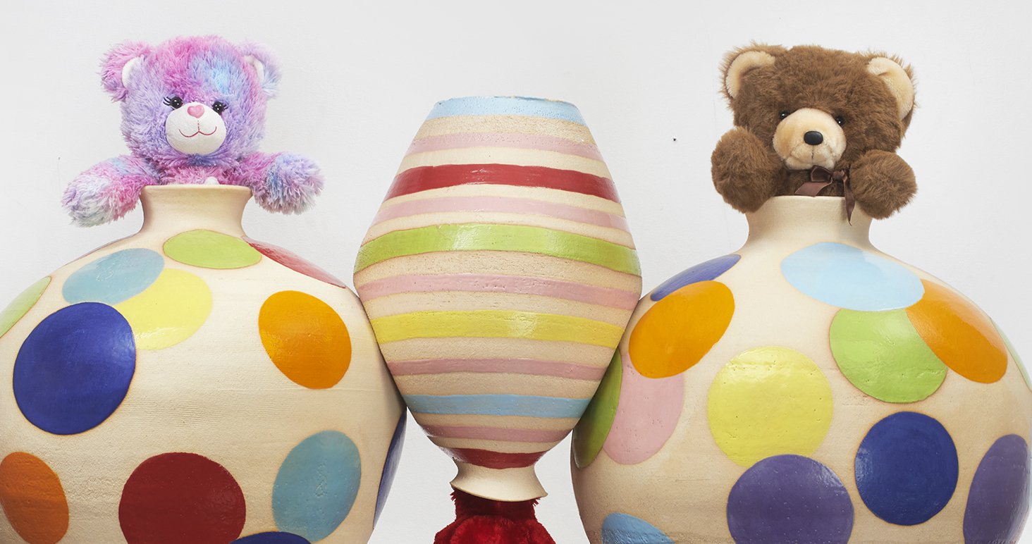 Hadi Fallahpisheh, Young and Clueless (pink bear, red bear, brown bear), stuffed animals, glazed ceramic pots: 76.2 x 55.9 x 55.9 cm, 55.9 x 40.64 x 40.64 cm, 76.2 x 55.9 x 55.9 cm (30 x 22 x 22 in, 22 x 16 x 16 in, 30 x 22 x 22 in); plinth: 127 x 60.96 x 66.04 cm (50 x 24 x 26 in), 2021