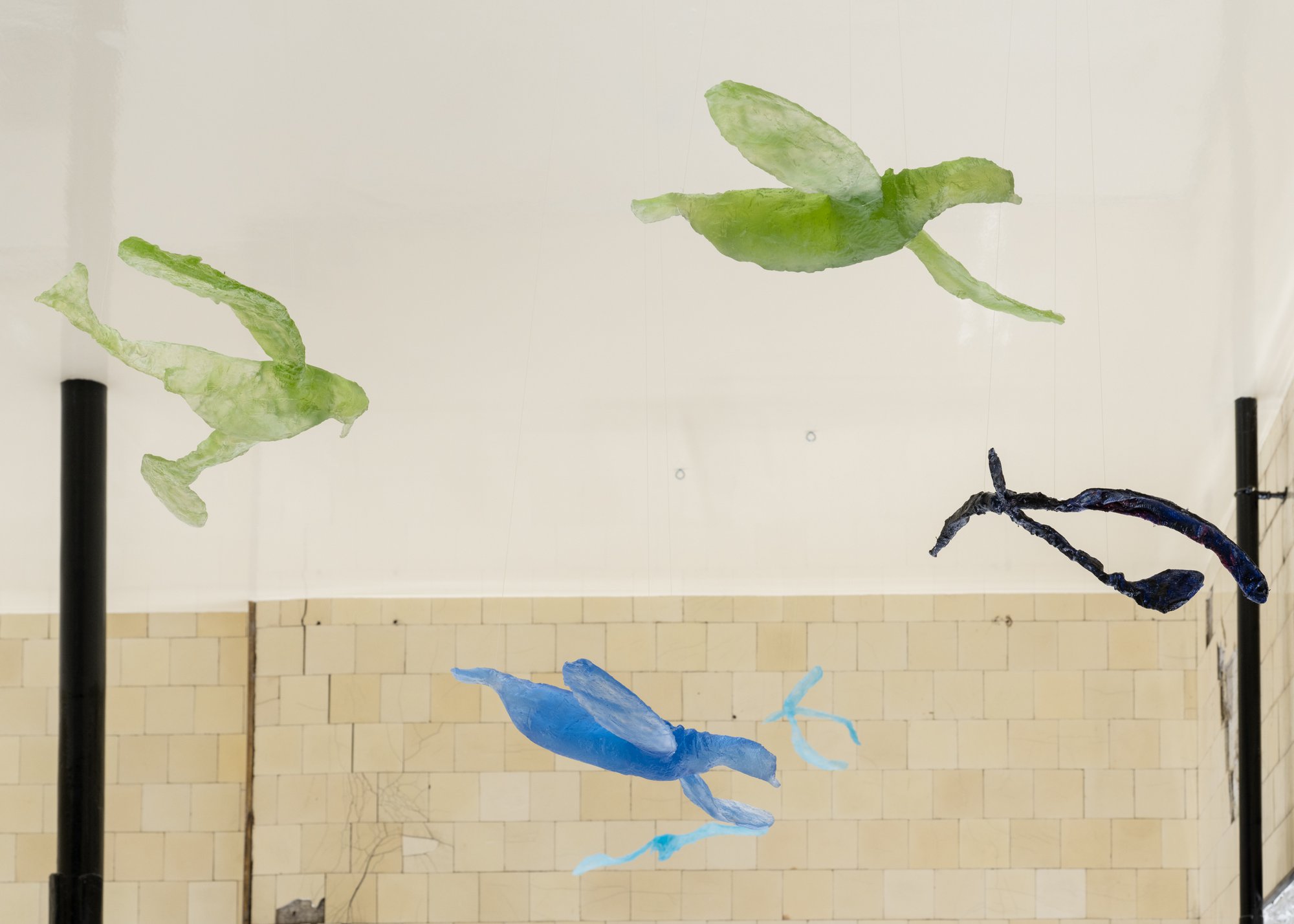 Anna Boghiguian, city of the dead, Acrylic on canvas (250 x 123 x 3 cm |98 3/8 x 48 3/8 x 1 1/8 in), three glass birds (dimensions variable) and two papier mache birds (dimensions variable), 2024