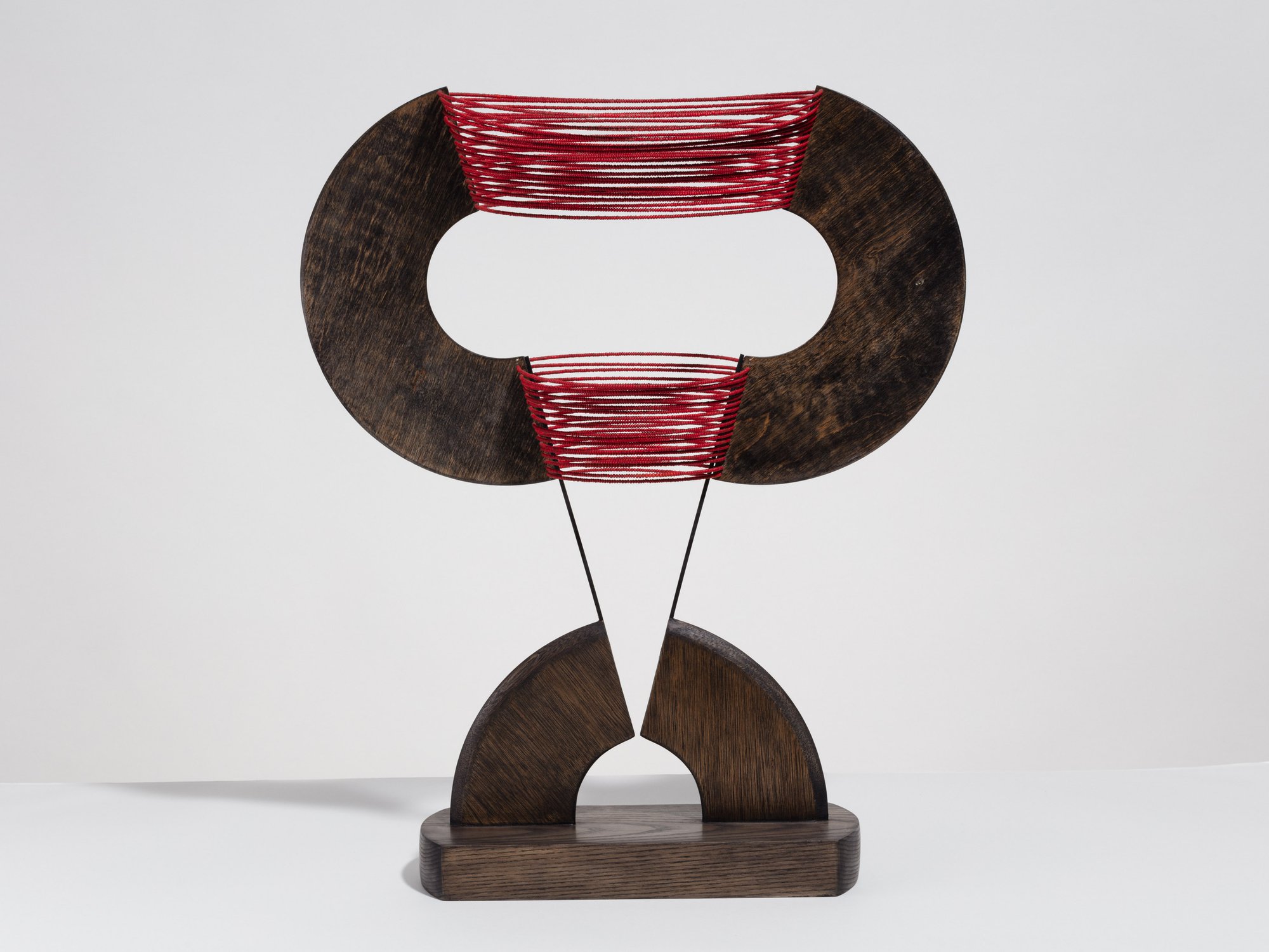 Liliane Lijn, Red Coil Head, ash, plywood, pianowire, glass beads, 58.5 x 51 x 33 cm (23 x 20 1/8 x 13 in), 1984