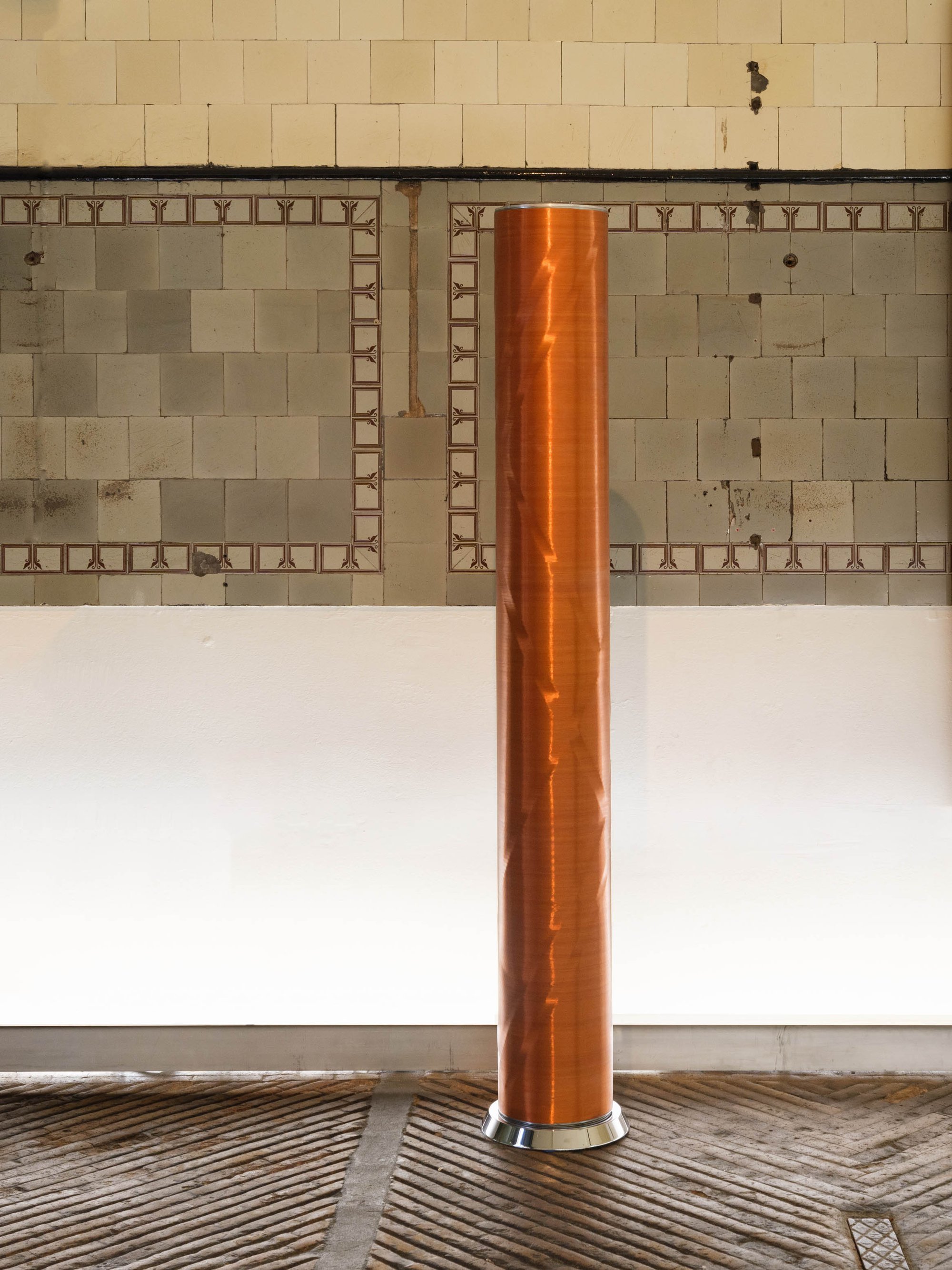 Liliane Lijn, Linear Light Column, enamelled copper wire wound on perforated metal cylinder, mounted on motorised turntable, chrome steel base, 187.5 x Ø31 cm, 1969