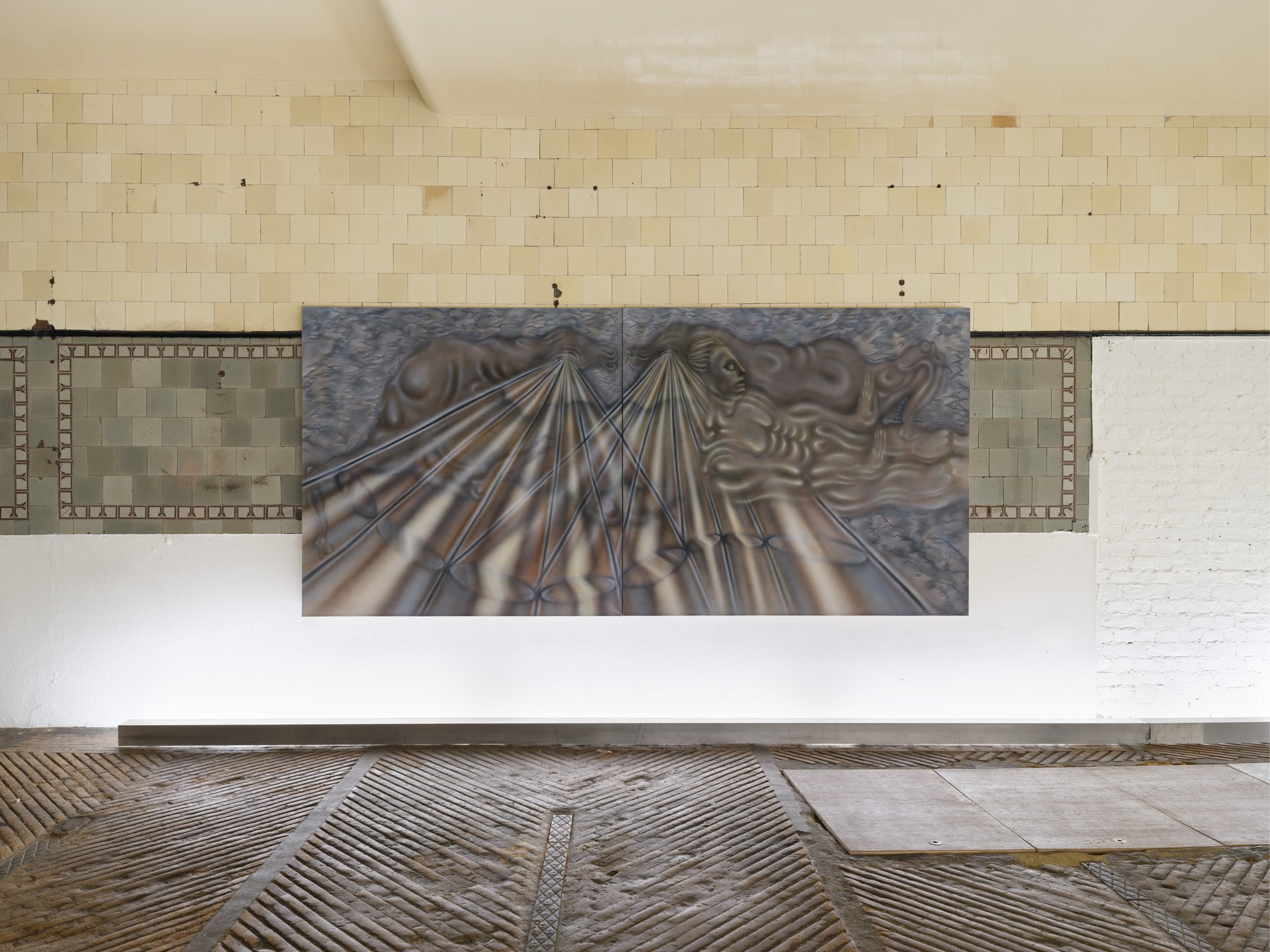 Veronika Hapchenko, horses (konie), acrylic and ink on canvas, 160 x 345 cm, 2023Installation view, Ruined, RODEO, London, 2024