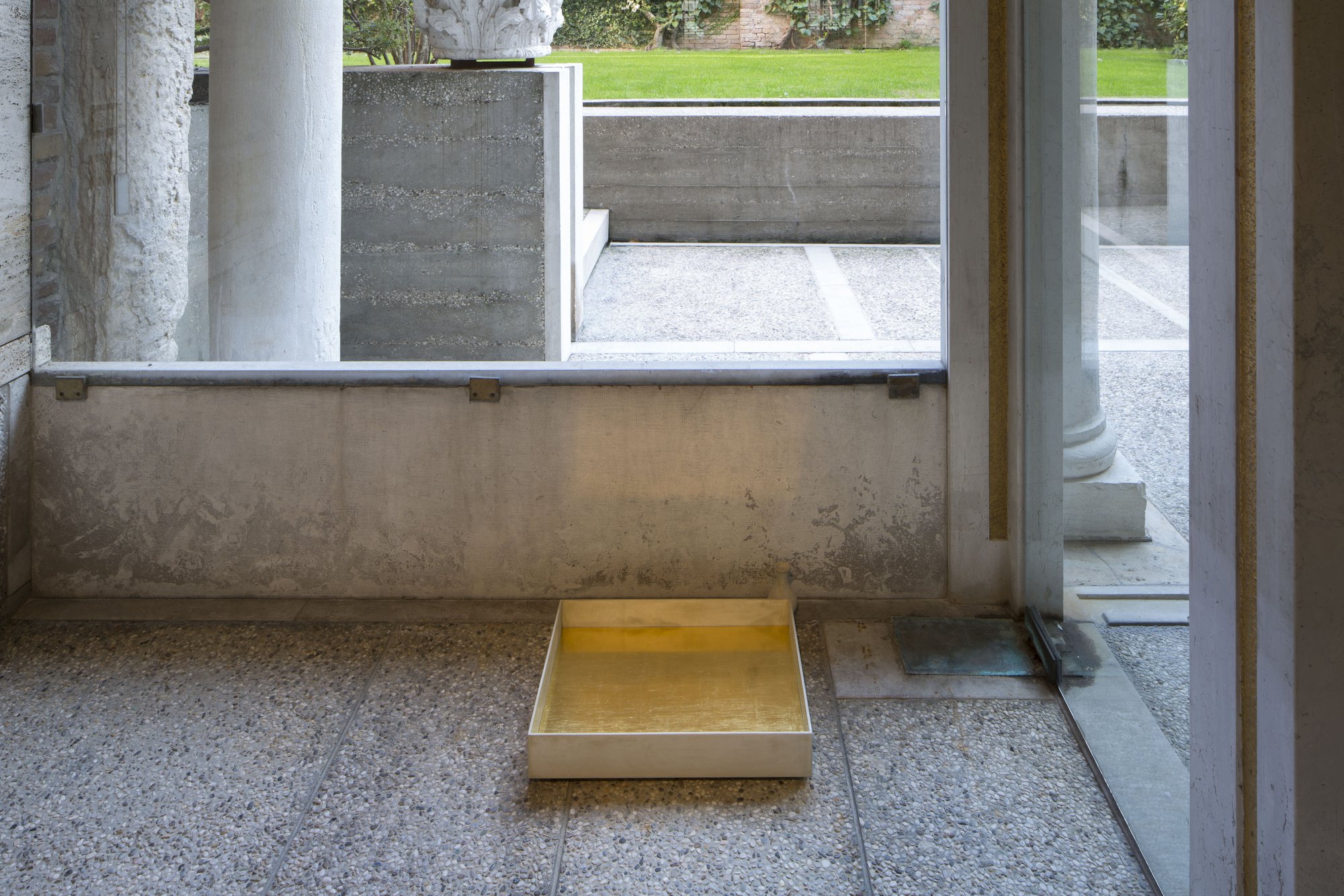 Untitled #11 t/b, wooden box in off-white pastellone with gold leaf base,small iron structure, 8 x 70 x 60 cm, 2014Installation View, Haris Epaminonda, Chapter IV, Fondazione Querini Stampalia, Venice, 2014